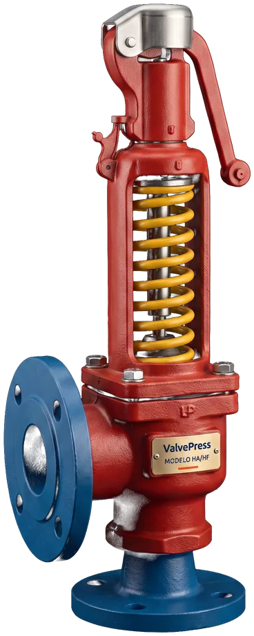 Válvula de segurança e alívio ValvePress HA/HF montada — corpo flangeado azul, castelo em ferro fundido vermelho, mola calibrada amarela visível, alavanca de alívio cromada e placa de identificação ValvePress MODELO HA/HF.